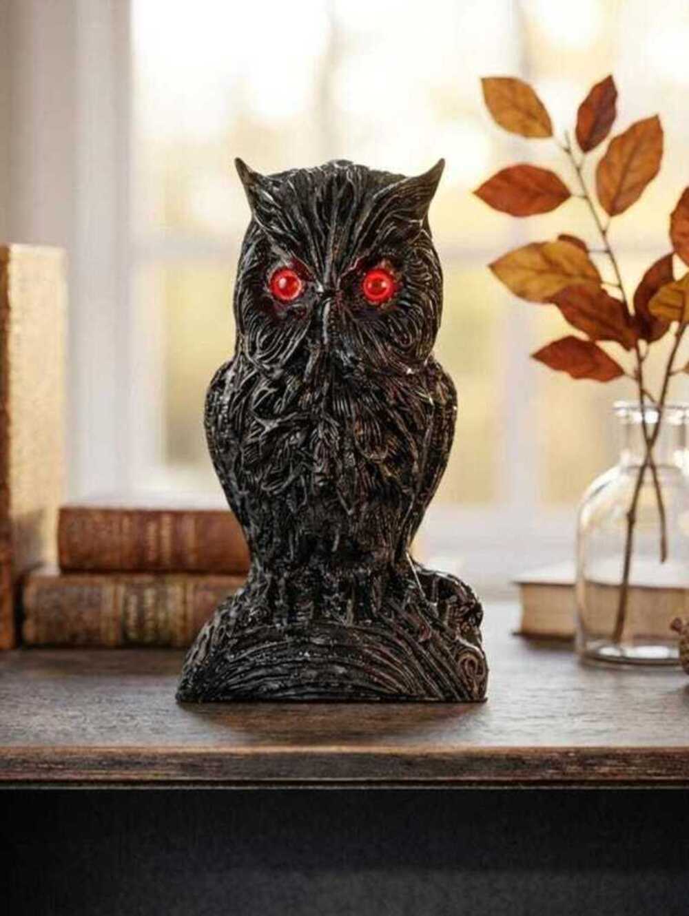 Vintage Black Owl Figurine with Red Eyes